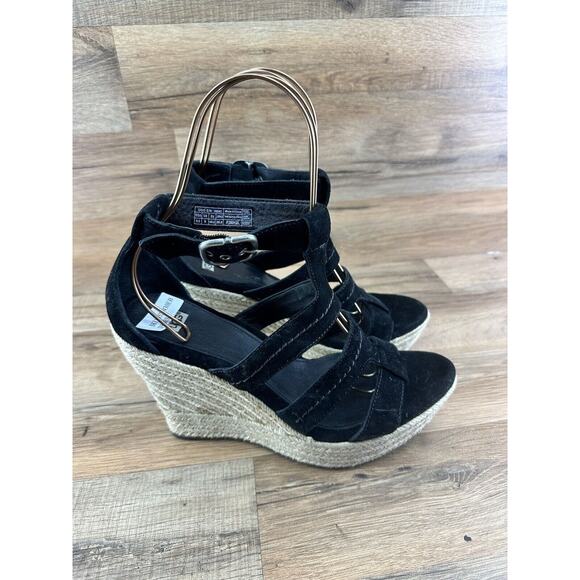 UGG LAURI BLACK SUEDE WEDGE PLATFORM SANDALS WOMENS SIZE 9.5 - Picture 1 of 9
